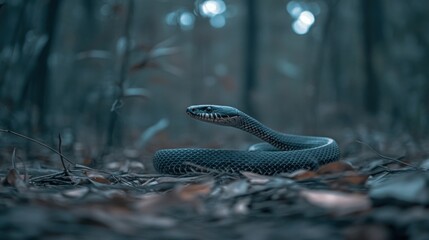 Wall Mural - A sleek snake coiled on the forest floor, surrounded by leaves and soft light.