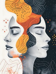 A stylized illustration of two faces in profile, connected by abstract patterns and colors.