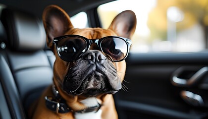 Chic French Bulldog in Black Glasses Enjoying a Ride in a Car