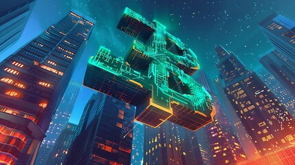 Wall Mural - A futuristic cityscape featuring a large digital dollar sign amidst skyscrapers.