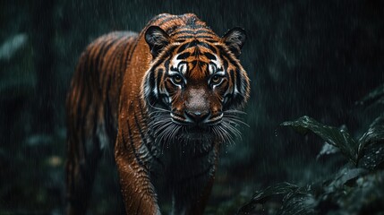 Canvas Print - A close-up of a tiger in a dark, rainy jungle setting, showcasing its fierce expression.