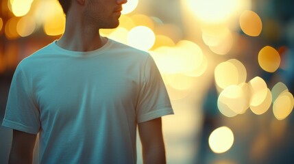 Poster - A man stands in a city setting, illuminated by warm, blurred lights in the background.