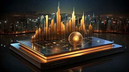 Wall Mural - A futuristic cityscape with golden skyscrapers and a circular element on a sleek platform.