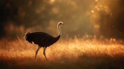 Wall Mural - A solitary ostrich stands gracefully in a sunlit field, highlighting its elegance and beauty.