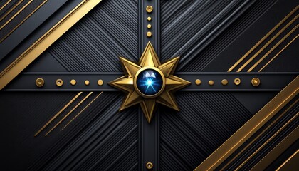 Wall Mural - Golden Star with Blue Gemstone on a Black and Gold Geometric Background