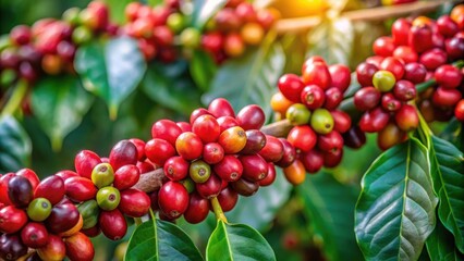 A close-up shot of a branch of a tree with ripe coffee beans, coffee, branch, tree, ripe, beans, agriculture, close-up