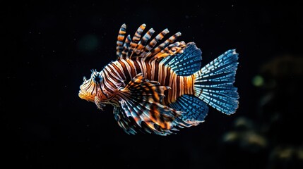 A vibrant lionfish swimming gracefully in a dark aquatic environment.