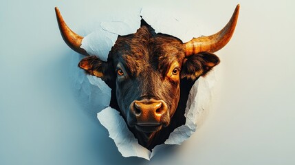 Wall Mural - A bull's head breaking through paper, symbolizing strength and determination.