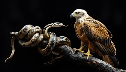 Majestic golden eagle feasting on a snake perched on branches, contrasting vividly against a deep black backdrop