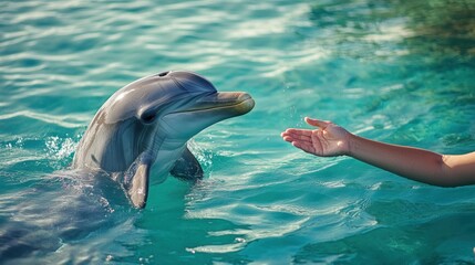 Wall Mural - A dolphin interacting with a person's hand in clear water.