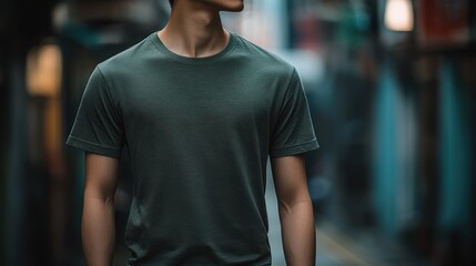 Canvas Print - A person stands in a narrow alley, wearing a plain t-shirt, with a blurred urban background.