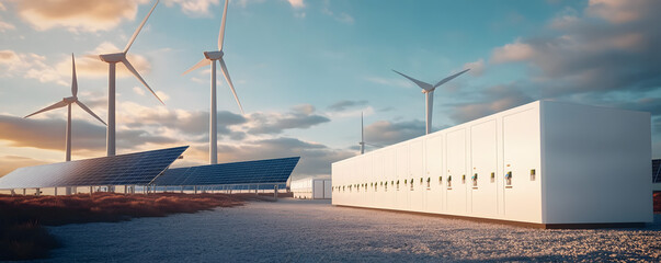 Photovoltaic panels and wind turbines with battery storage on the ground