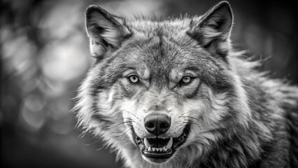 Greyscale closeup of an angry wolf with blurred background, wolf, animal, predator, closeup, wildlife, nature, aggressive, angry