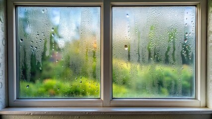 condensation on window inside house , wet, moisture, droplets, glass, interior, home, winter, humid,