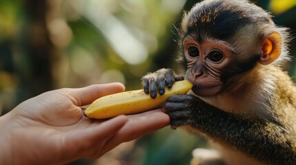 Wall Mural - A monkey receiving a banana from a person's hand in a natural setting.