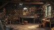 © musa - An old stone and timber workshop with tools and workbench, sunlight streaming through window.