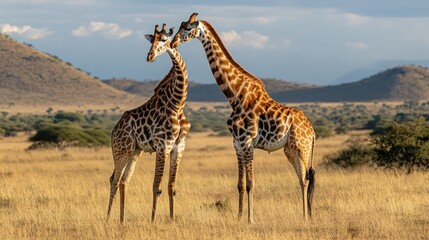 Wall Mural - Two giraffes interacting in a grassy landscape under a blue sky.