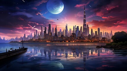 Wall Mural - A vibrant city skyline at dusk with reflections on water and a large moon.