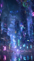 Wall Mural - A vibrant, futuristic cityscape illuminated by neon lights and reflections in water.