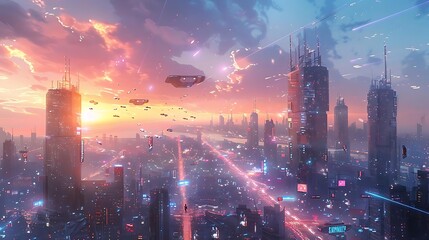 Wall Mural - A vibrant futuristic cityscape at sunset, filled with advanced technology and flying vehicles.