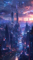 Wall Mural - A vibrant futuristic cityscape illuminated by neon lights under a dramatic sky.