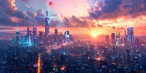 Wall Mural - A vibrant futuristic cityscape at sunset, showcasing towering skyscrapers and glowing lights.