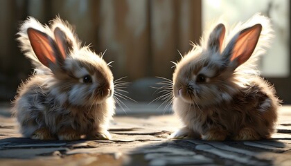 adorable fluffy rabbits playing together in a sunny garden