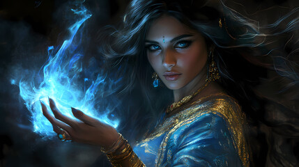 A beautiful magician holds blue flames in her hand, her long hair and gold jewelry flowing. she's a genie from arabian legends. Djinn. Illustration