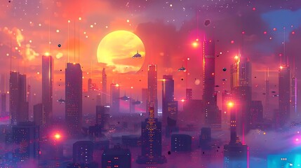 Wall Mural - A vibrant futuristic cityscape at sunset with flying vehicles and glowing skyscrapers.