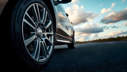 wheel on the road, A car displayed with its wheels on the road, illustrating its functionality and connection to the driving surface.