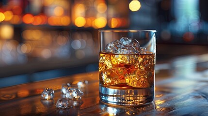 Wall Mural - Glass of whiskey with ice cubes on wooden table