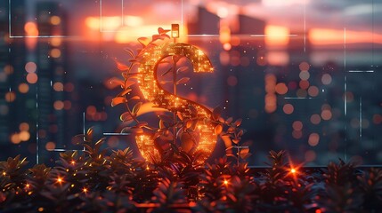 A glowing dollar sign surrounded by plants against a cityscape backdrop at sunset.