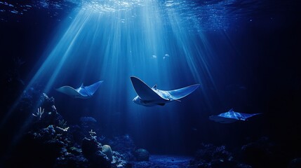 Wall Mural - Rays gliding gracefully through illuminated underwater scene.