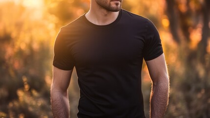 Wall Mural - A man in a black t-shirt stands confidently against a warm, glowing background.