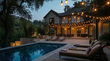 Poster - A serene evening at a modern home with a pool and outdoor lighting.