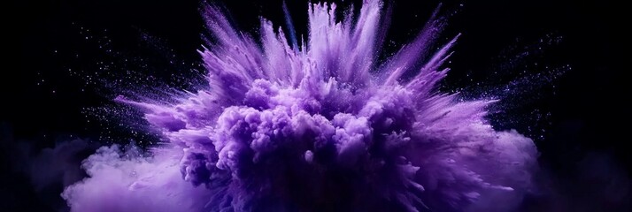 Fototapete - vibrant explosion of bright purple particles radiates outward, creating a stunning cosmic effect against a stark black background. The interaction of light and color captivates the viewer.