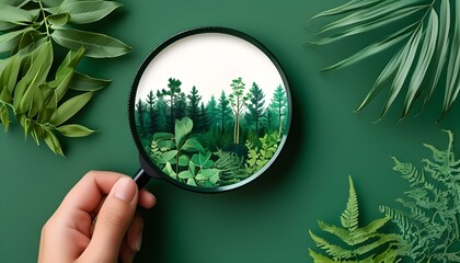 Minimalist collage showcasing a hand with a magnifying glass exploring a vibrant green forest against a soothing green backdrop