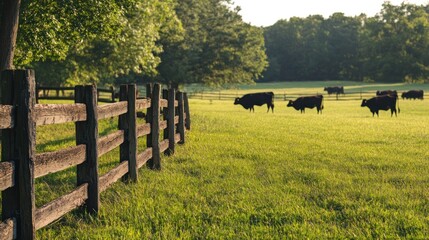 Poster - A serene pasture with cows grazing near a wooden fence under a clear sky.