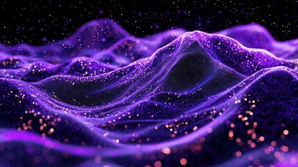 Fototapete - intense eruption of purple particles radiates from a central point, scattering outward and creating a stunning wave of luminous energy amidst the darkness.