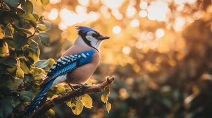 Poster - A colorful bird perched on a branch, surrounded by soft, glowing light in nature.