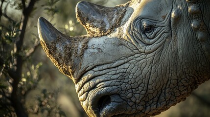close-up of a rhinoceros showcasing its horn and textured skin in a natural setting.