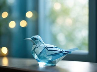 paper bird on the table with blue soft light and bokeh