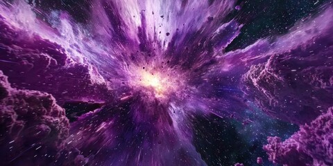 Poster - stunning explosion of purple particles radiates from a bright core, casting ethereal waves of light into the vast cosmos. The energy creates a mesmerizing display of color and motion.