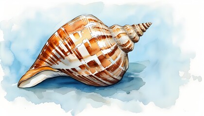 Wall Mural - Delicate seashell watercolor on tranquil blue and white backdrop, showcasing light brown hues and elegant white stripes