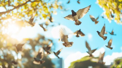 Wall Mural - A flock of birds soaring through a bright sky with sunlight filtering through trees.