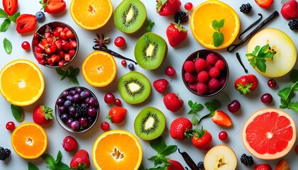 Colorful Arrangement of Fresh Fruits and Herbs on a Light Backdrop