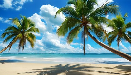 Tropical beach paradise with swaying palm trees under a bright sky adorned with fluffy white clouds