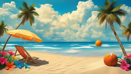 Tropical beach scene with coconut trees, colorful umbrellas, chairs, and playful beach balls against a backdrop of clouds and golden sand