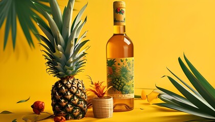 Vibrant pineapple wine bottle alongside fresh pineapple on a sunny yellow backdrop for stylish product promotion