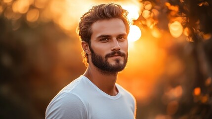 Poster - A man with a beard poses against a sunset background, exuding a relaxed vibe.